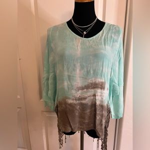 Chico’s teal and gray tunic with lace bottom Size Large